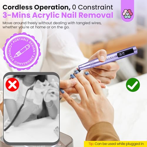 SAVILAND Electric Nail Drill: 35000RPM Cordless Electric Nail File Portable Nail Drill Professional 0 Vibration Hight Speed for 3 Mins Removal Acrylic for Manicure Pedicure Nail Salon at Home£¨Purple£©