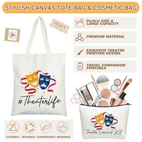 4 Pack Theatre Gift Set for Musical Theater Lovers Canvas Tote Makeup Bag Crew Socks Leather Notebook for Broadway Actors Drama Students Valentine¡¯s Day Birthday Graduation Gifts