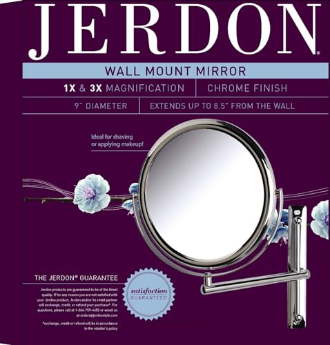 Wall-Mounted Makeup Mirror with 3X-1X Magnification, 9-Inch Diameter, Chrome Finish