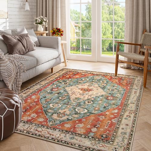 Boho Tribal 5x7 Washable Living Room Rug - Geometric Oriental Style, Non-Slip Entryway Carpet