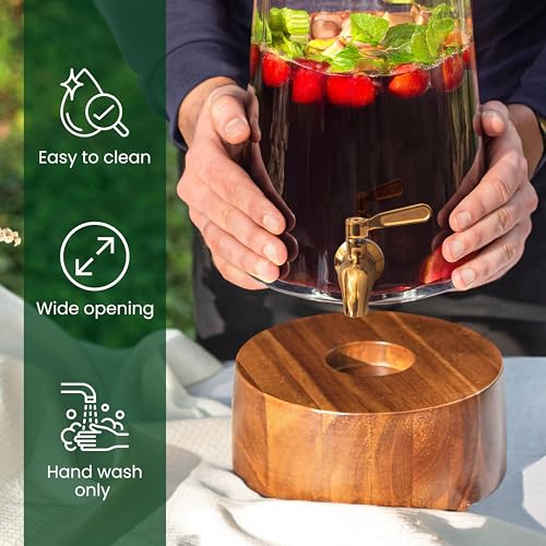 FOODLE 1 Gallon Glass Drink Dispenser with Spigot & Acacia Stand