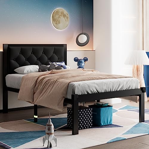 Feonase Twin Size Metal Bed Frame with Faux Leather Headboard, Storage, Black - No Box Spring Needed