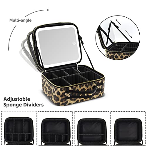 RRtide Leopard Makeup Bag with Lighted Mirror - Travel Cosmetic Organizer with Adjustable Dividers and 3 Light Settings