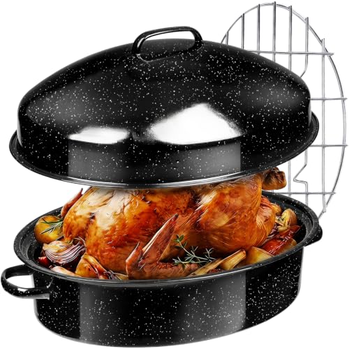 19.5-Inch Black Enamel Roasting Pan with Lid & Rack - Oval Turkey & Holiday Roast