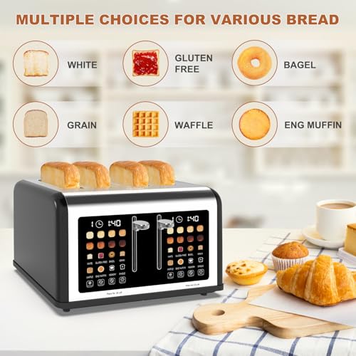 Black 4-Slice Touch Screen Toaster with Dual Control, 8 Shade Settings, 6 Bread Types