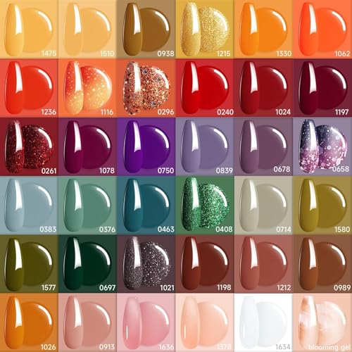 modelones 40 Pcs Gel Nail Polish Set, Nude Brown Green Red Purple Orange Gold Jelly White Colors Blooming Gel Polish Kit with Base Coat & Matte Glitter Glossy Top Coat DIY Mani Gfit