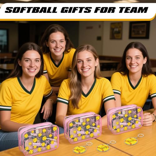Kacctyen 12 Set Soccer/Softball/volleyball Team Gifts Bulk-12 Sports Pink Bow Makeup Bag with 12 Acrylic Ball Keychain for Woman Team Gifts Birthday Decorations Supplies(Softball)