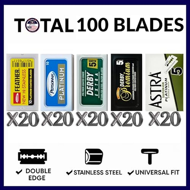 Double Edge Safety Razor Blades Sampler Pack for Men-Includes 4 Top Global Brands: Feather Astra Personna Derby-Comfortable Shaving ?Fits All Double Edge Safety Razors (100)