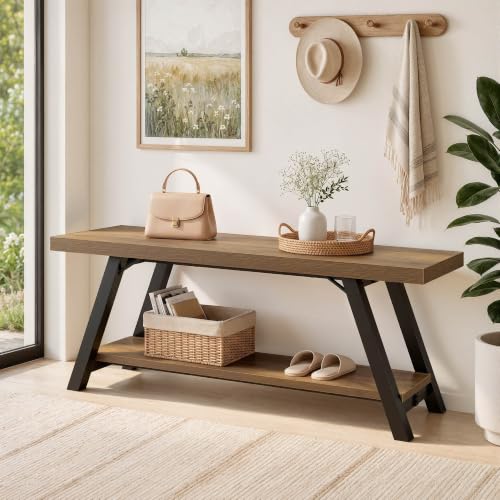 Rustic Oak Entryway Bench with Storage - 47-Inch Wooden Mudroom Bench