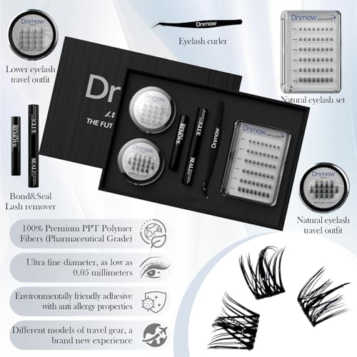 Lash Clusters Kit for Sensitive Eyes - Salon-Quality DIY Eyelash Extensions, Waterproof & Hypoallergenic, | Includes 8-16mm Wispy & Fluffy Clusters, Adhesive, Seal, Tools (Natural-(black box)