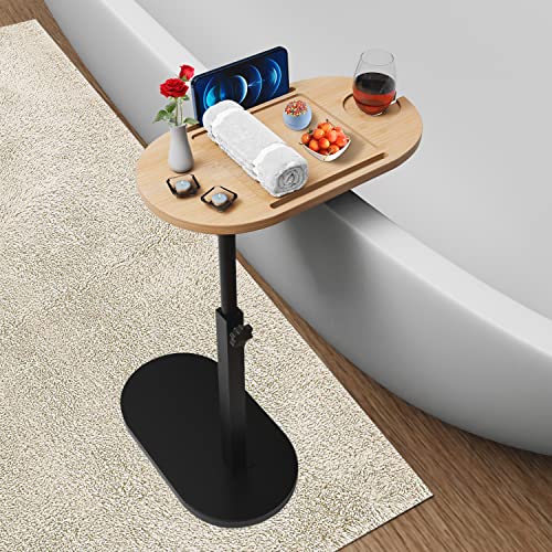 Adjustable Bamboo Bathtub Tray Table with Sturdy Iron Base & 360° Rotation