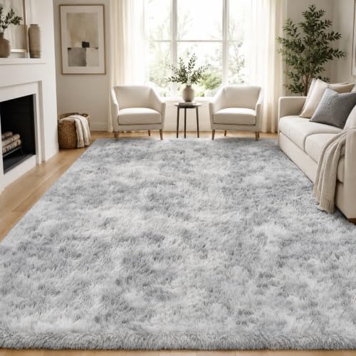 Tie-dyed Light Grey Fluffy Area Rug 8x10 for Living Room & Bedroom - Non-Slip