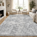 Tie-dyed Light Grey Fluffy Area Rug 8x10 for Living Room & Bedroom - Non-Slip
