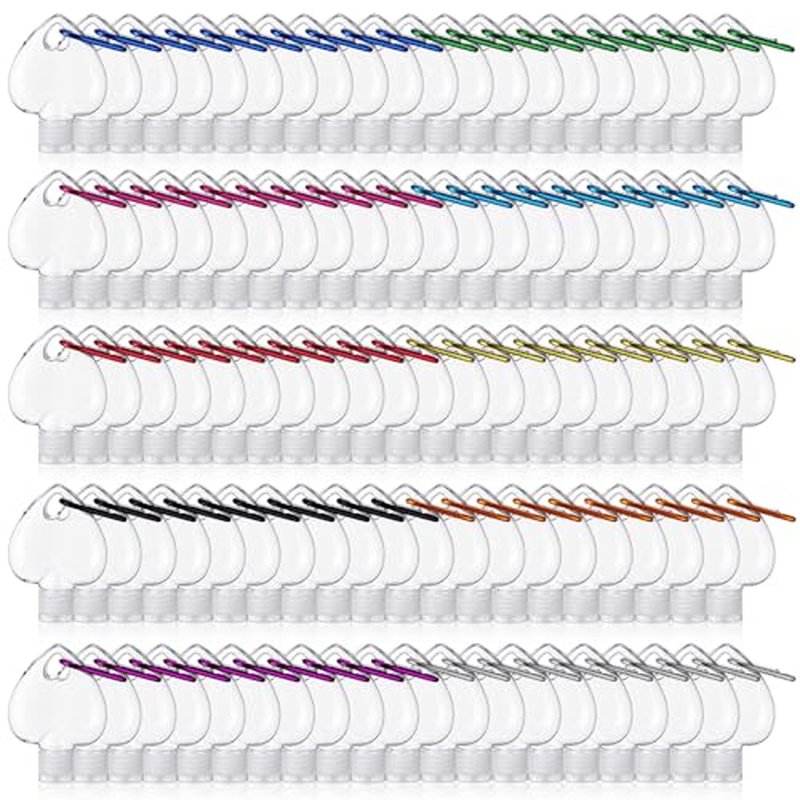 100 Pcs Traveling Bottles with Keychain 2oz Clear Keychain Bottle Plastic Heart Empty Refillable Liquid Packing Container Squeeze Plastic with Lid for Liquid Cream