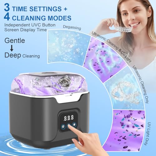 Ultrasonic Retainer Cleaner Machine Black 48kHz with UV & 4 Modes for Dentures, Mouth Guards & Jewelry
