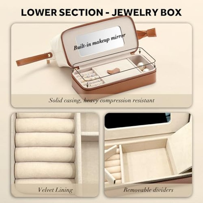 2-In-1 Jewelry Box and Makeup Bag with Mirror - Versatile Travel Jewelry Holder Organizer Cosmetic Bag, Portable Toiletry Bag with Integrated Jewelry Makeup Case for Women Men (White & Brown)