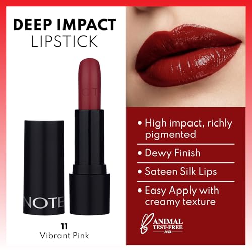 NOTE Deep Impact Lipstick - Rich Pigment High Coverage Lipstick for Women - Creamy, Balm-Like Wear Lip Color with Vitamin E - 11-0.16 oz.