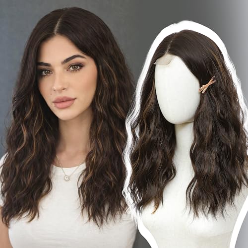 Dark Brown Highlight Wigs for Women 18 Inch Wavy Synthetic Wig - Middle Part - Variation of THIS listing