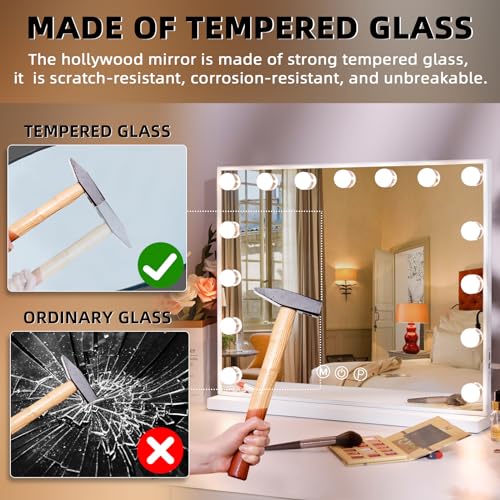 LED Lighted Vanity Mirror with Lights - Hollywood Style, 15 Bulbs, USB Charging Port, 22.8x18 inches, White - Variation A