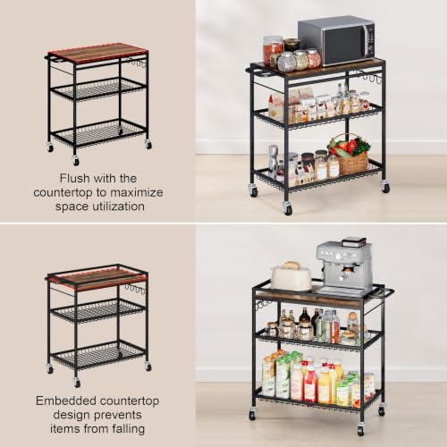 Pkuyres 29.92x17.8x33.46-Inch Heavy-Duty 3-Tier Rolling Kitchen Cart with Adjustable Shelf & Lockable Wheels