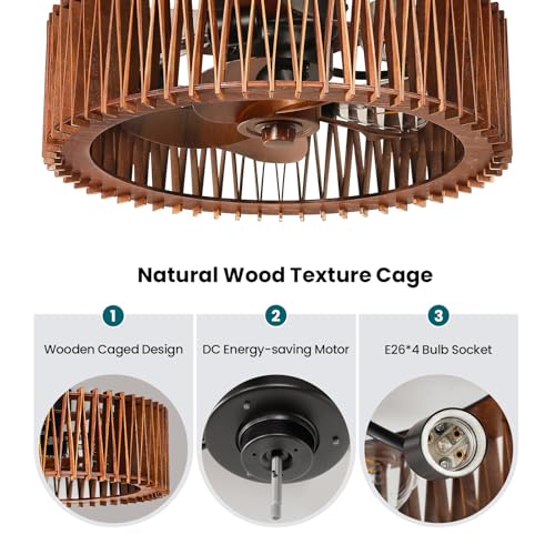20-Inch Flush Mount Ceiling Fan with Light and Remote - Wooden Cage Low Profile Farmhouse N