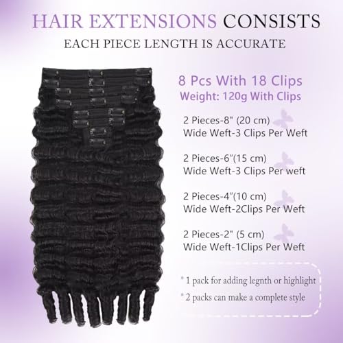 Natural Black Burmese Curly Clip-In Hair Extensions 18 Inch 8PCs - Spiral, Full Volume