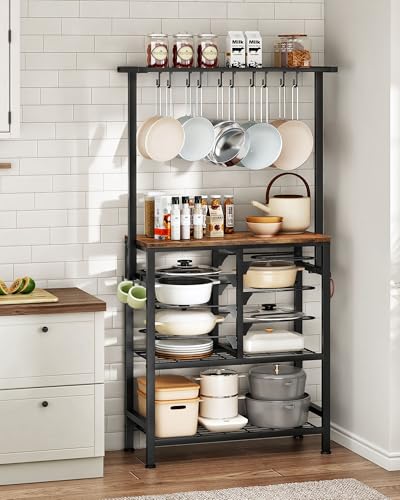 CHOEZON Rustic Brown & Black Multi-Tier Pot & Pan Organizer Rack with Hooks