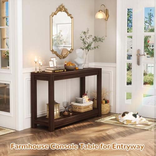 Besiost Farmhouse Narrow Console Table with Shelves - Black Walnut, 32" Entryway & Sofa Table