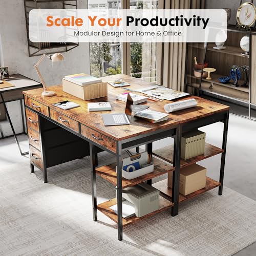 Rustic Brown 55-Inch Computer Desk with 6 Fabric Drawers & Adjustable Shelf