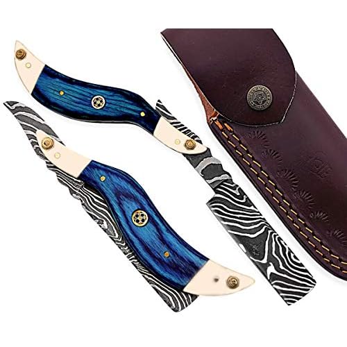 Hand Made Damascus Steel Straight Razor Folding Razor With Shaving Ready Classic Barber Blade Edge, Men Straight Razor, Leather Case + Strop, Close Shave, Great Gift R-87