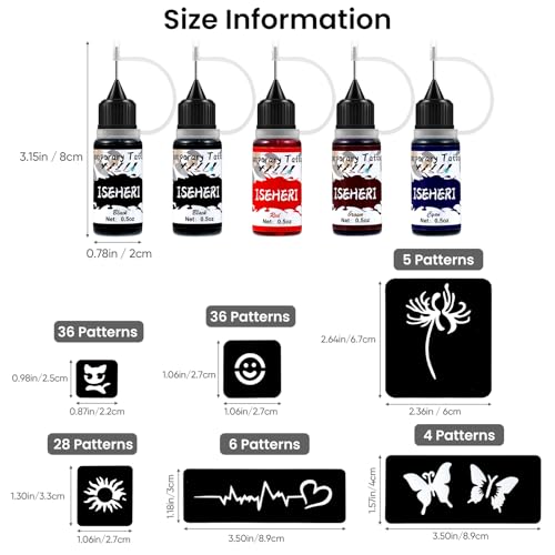 Temporary Tattoo Kit 5 Bottles Color Inks,115 Pcs Stencils Kit for Body Paint DIY Fake Tattoos for Kids(black*2, brown, red, cyan)