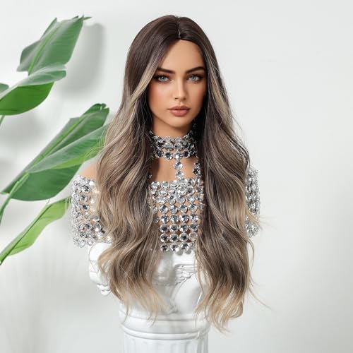 Mixed Brown Long Curly Wigs for Women Heat Resistant Synthetic Hair - Natural Layered Style