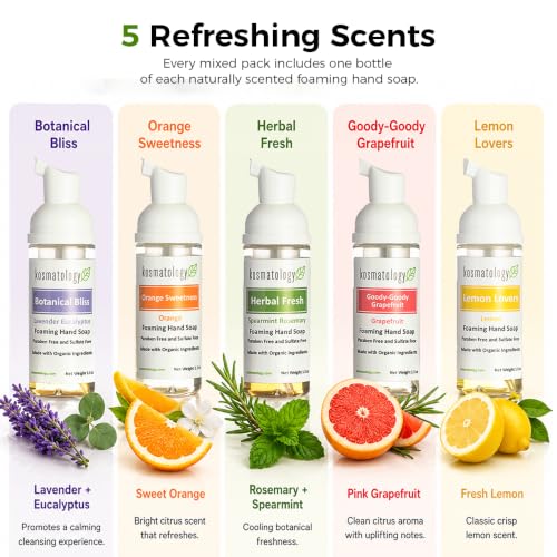 Mini Foaming Hand Soap 5 Pack - Organic, TSA-Friendly Travel Size - 5 Scents