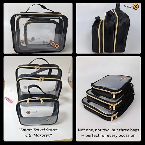 Clear TSA Approved Toiletry Bag Set ? 3 Waterproof Makeup & Cosmetic Bags with Handles for Women (S/M/L) ? Durable, Spill-Proof Travel Organizer for Airport & Home Use Black