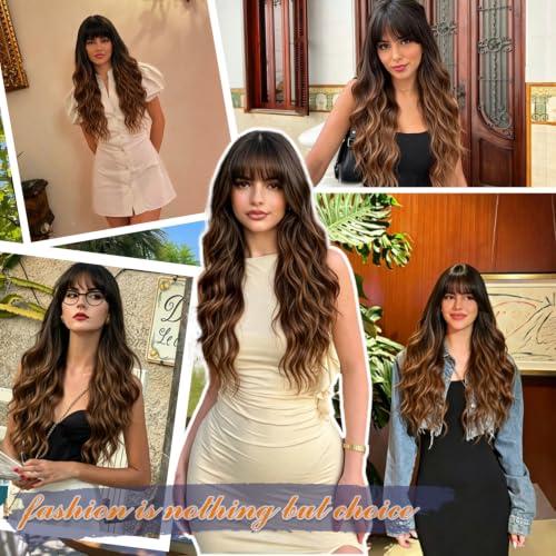 FEIVOSILAN Ombre Brown Wavy Wig with Bangs - Long 26 Inch Synthetic Hair for Women