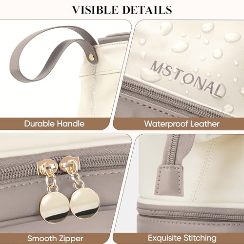 Large Travel Makeup Bag for Women - Double Layer Cosmetic Organizer Beige Sand