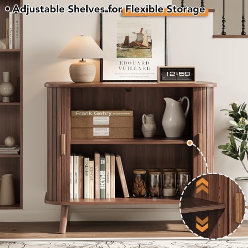 OneBlis Walnut 31.5-Inch Fluted Sideboard Buffet with Sliding Tambour Door