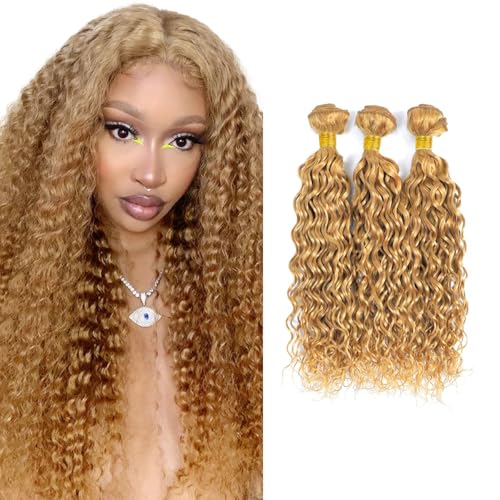Honey Blonde Water Wave Hair Bundles - #27-W, 12-16 Inch, 3 Pack, Unprocessed Brazilian Virgin Remy Human Hair