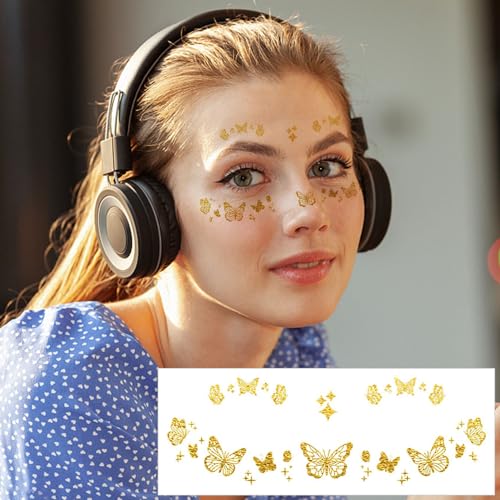 Glitter Butterfly Rose Face Tattoos Temporary for Women and Girls 10 Sheets, Gold Metallic Face Eye Makeup Stickers for Fairy, Princess, Halloween Costume, Christmas, NYE Festival Party Favors