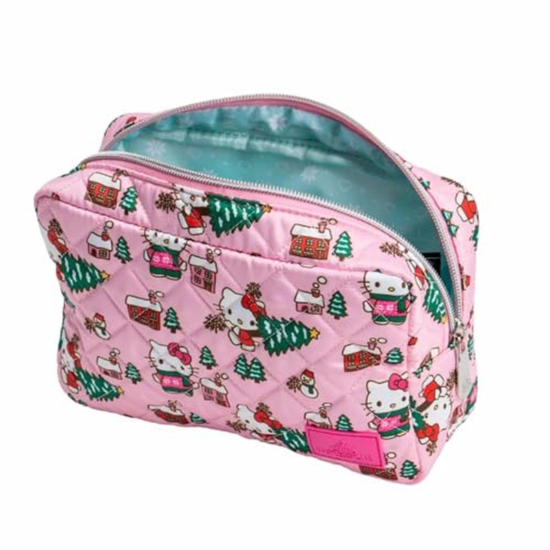 Impressions Vanity Hello Kitty Cozy Cosmetic Pouch for Women, Travel Makeup Bag Organizer Diamond Quilted Exterior with Slip Pocket and Zipper Pocket Silver Hardware, Holiday Artwork Polyester