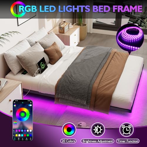 Queen Size Floating Metal Bed Frame with Smart LED Lights & Charging Station - Mashomdec
