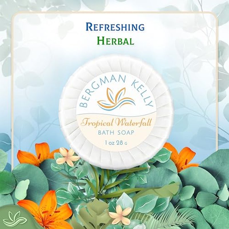 BERGMAN KELLY - Hotel Soap Bars in Bulk - Tropical Waterfall, 1 oz, 200 PK - Small Individually Wrapped Round Soap - Travel Size Mini Toiletries for Airbnb, Motel, Guest Bathroom