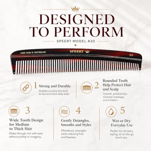 Speert #20 Handmade Swiss Tortoise Acetate Wide Tooth Hair Comb for Thick & Curly Hair - Variation #20