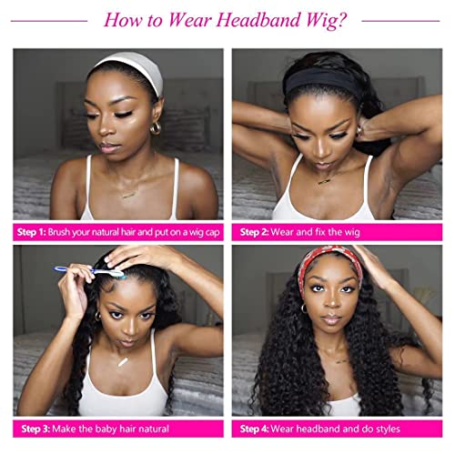 Deep Wave Headband Wig Human Hair 20 Inch Curly Headbands 1B