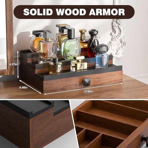 Cologne Organizer for Men: with Drawer, 3 Tier Wooden Cologne Stand Desktop Perfume Display Shelf, Bedroom Dresser Makeup Lotion Jewelry Storage Organizer