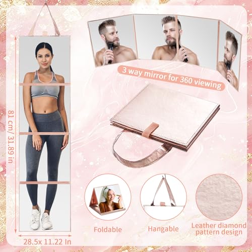 3 Way Foldable Full Length Mirror with Handle 31.89 x 11.22 Inches Leather Portable Camping Travel Hanging Folding Body Mirror for Makeup Dance Home Fitness Spa Hair Styling(Rose Gold)