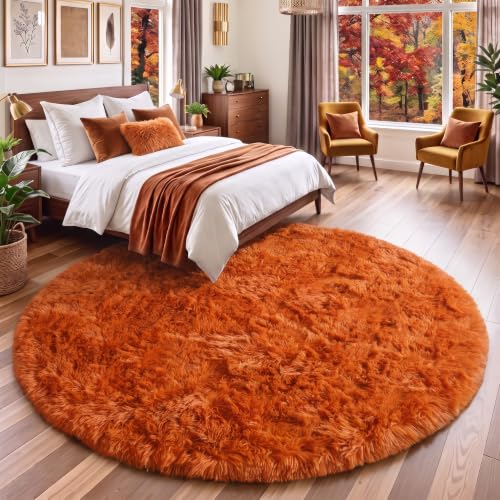 Amdrebio Large Burnt Orange Round Rug 8ft - Soft Plush Kid & Living Room Decor