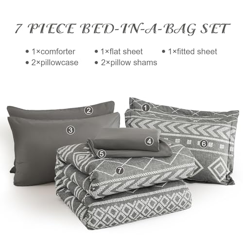 Yiran King Size Boho Aztec Comforter Set - 7 Piece Bed in a Bag, Grey