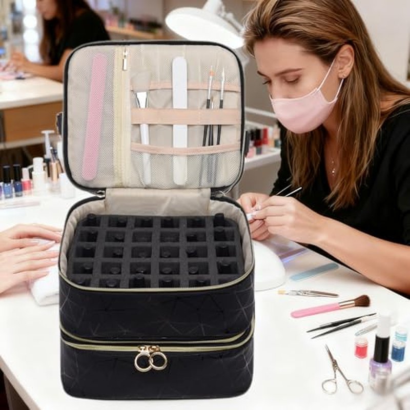 3 Layers Nail Polish Organizer Bag - Holds 60 Bottles,Portable Travel Case with Shoulder Strap,Nail Tech Kit Storage,Versatile Cosmetics Case,Detachable,Waterproof,Gifts for Women