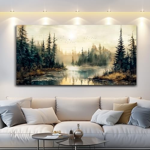 FUHAIHUA Forest River Wall Art Canvas - 48x24 Inch Modern Landscape Decor